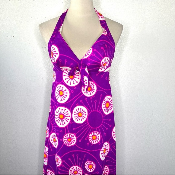 VINTAGE 1970s Slip Dress Psychedelic Maxi Purple Halter Printed Nightgown - Picture 2 of 13